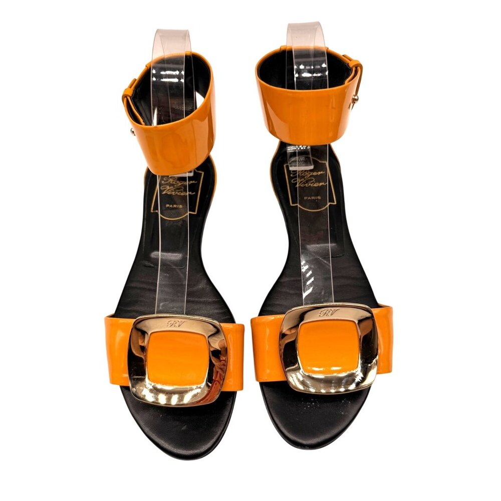 Roger Vivier Mustard Yellow Patent Leather Ankle strap Peep toe Flat Sandal sz35